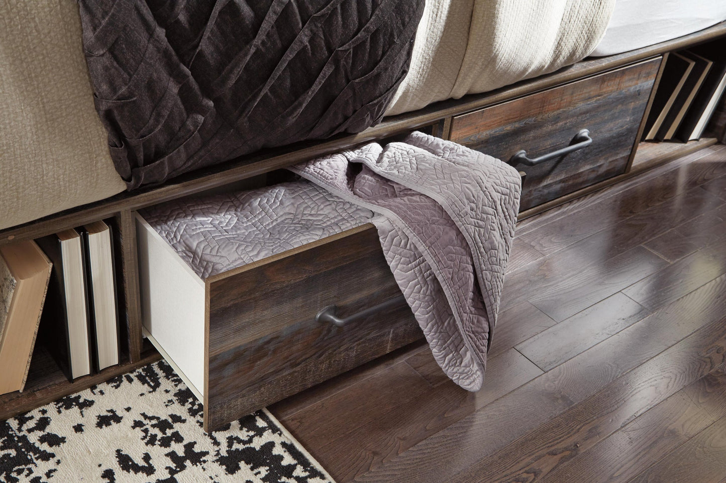 Drystan Queen Panel Bed with 2 Storage Drawers, Dresser, Mirror, Chest and Nightstand