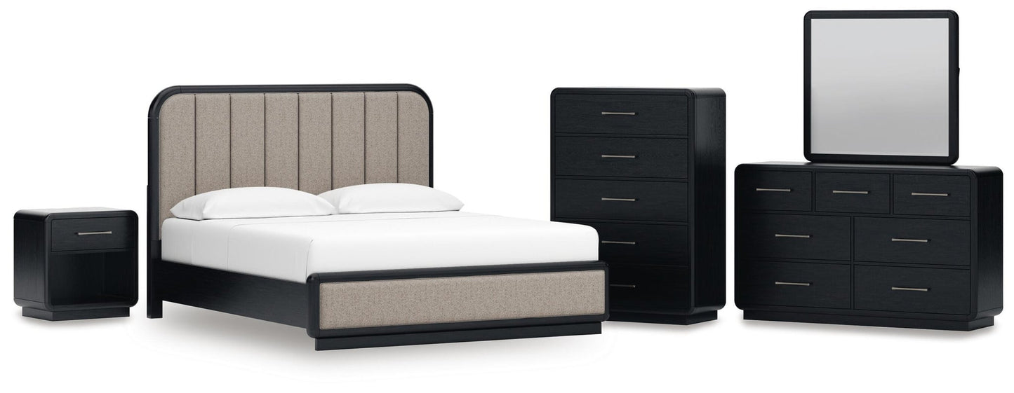 Rowanbeck California King Upholstered Panel Bed, Dresser, Mirror, Chest and Nightstand