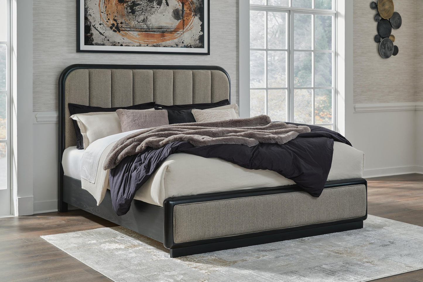 Rowanbeck King Upholstered Panel Bed, Dresser, Mirror and Nightstand