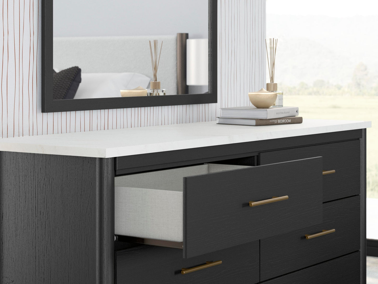 Cadmori Full Upholstered Panel Bed, Dresser and Mirror