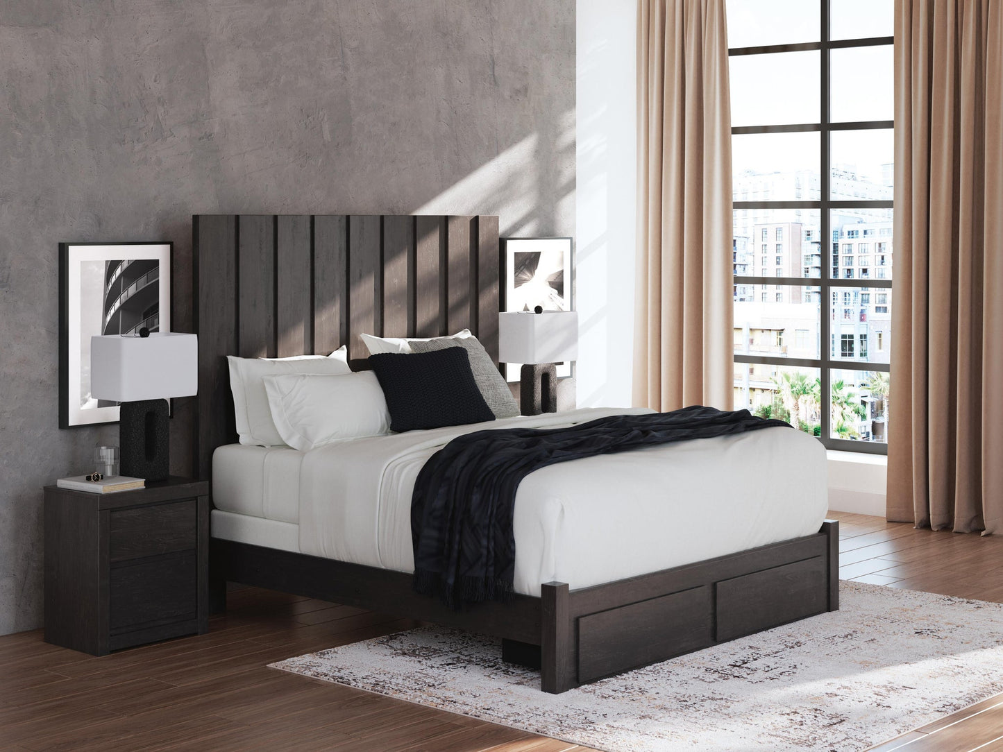 Fraluna King Panel Storage Bed, Dresser, Mirror and Nightstand