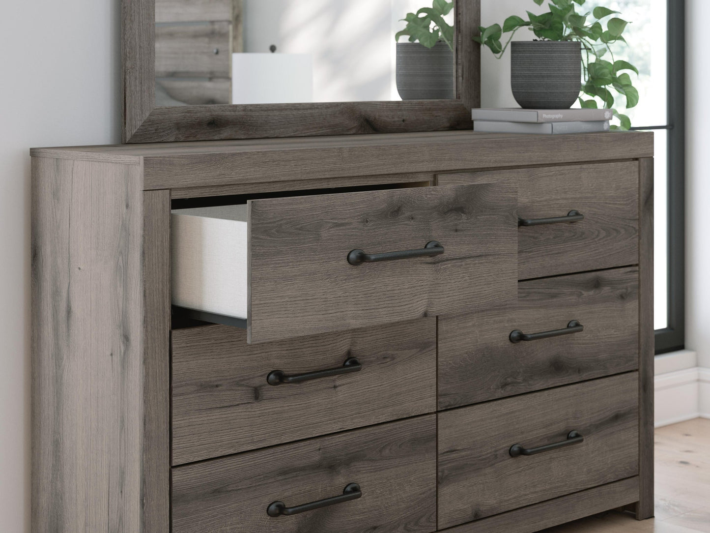 Graystorm King Panel Bed, Dresser, Mirror, Chest and Nightstand