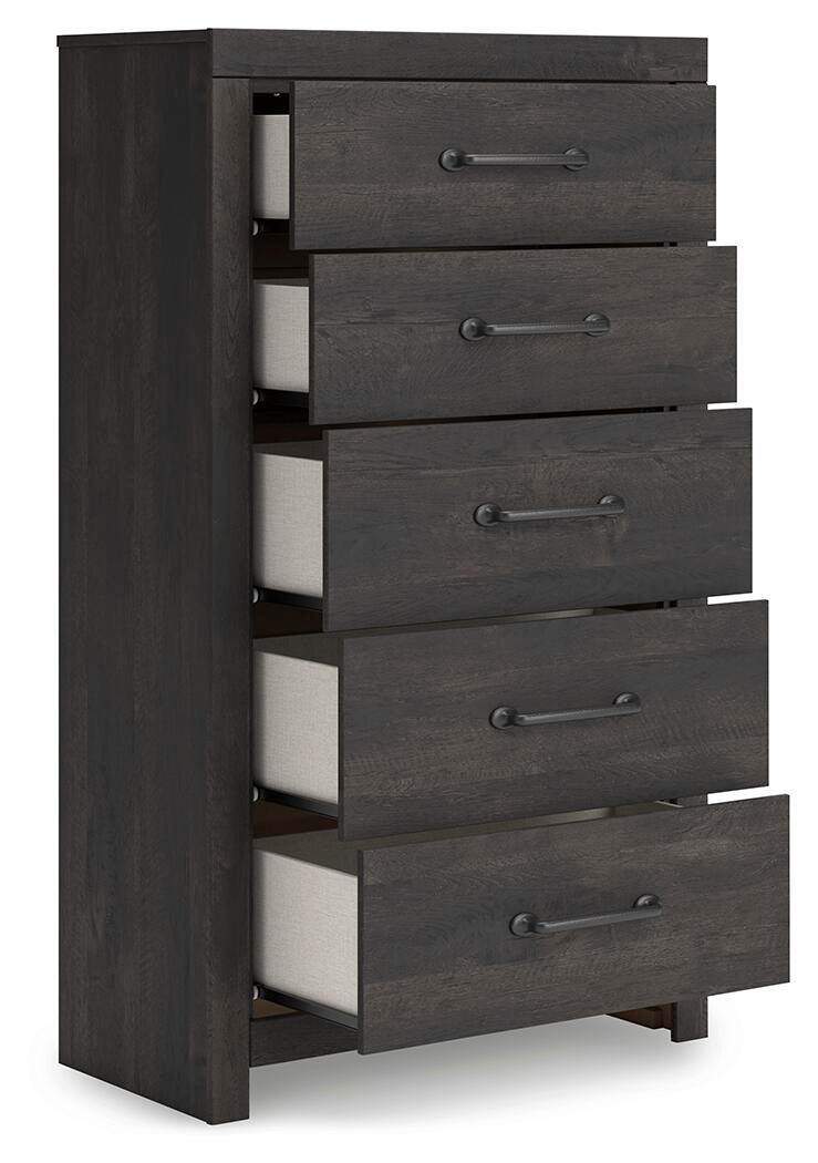 Hollivern Queen Panel Bed, Dresser, Mirror, Chest and Nightstand