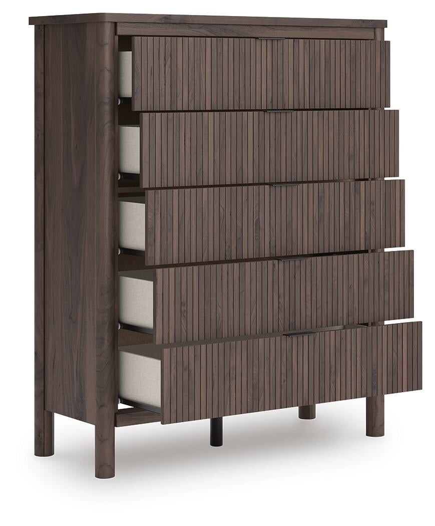 Pamytta King Upholstered Panel Platform Bed, Dresser, Mirror, Chest and Nightstand