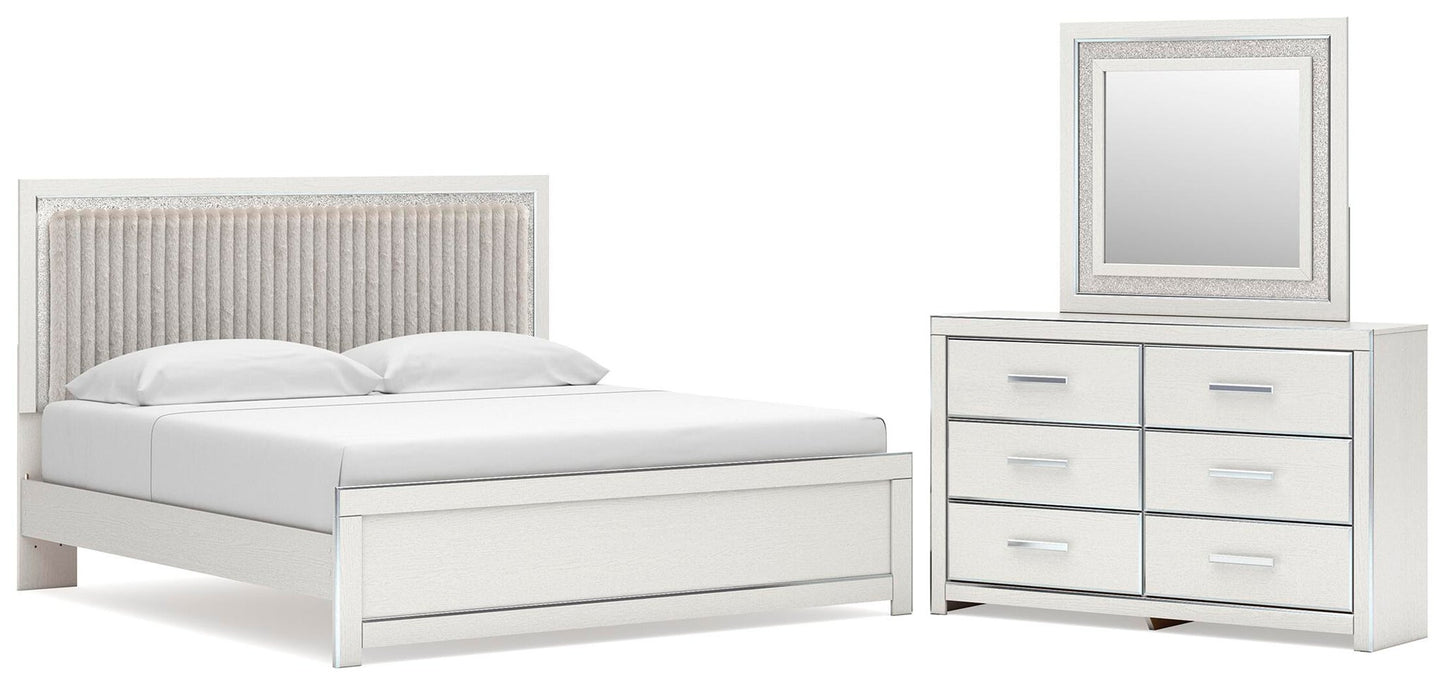 Zuraleus King Upholstered Panel Platform Bed, Dresser and Mirror
