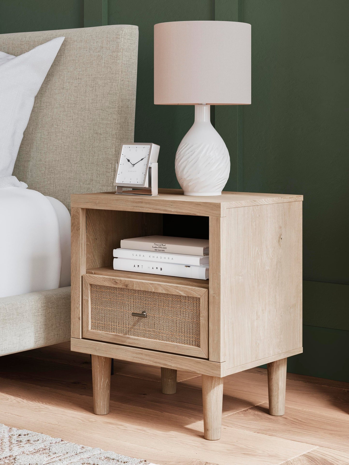 Cielden California King Upholstered Bed with Roll Slats, Dresser, Mirror, Chest and Nightstand