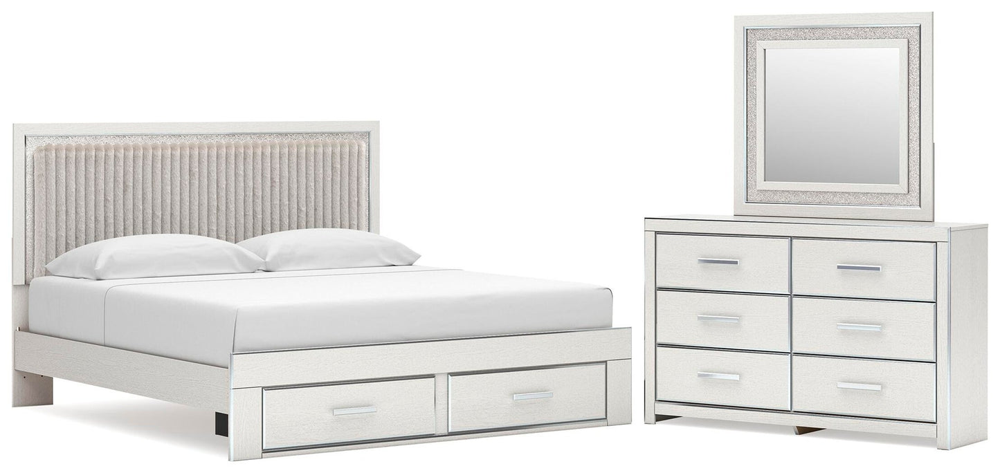 Zuraleus King Upholstered Panel Platform Storage Bed, Dresser and Mirror