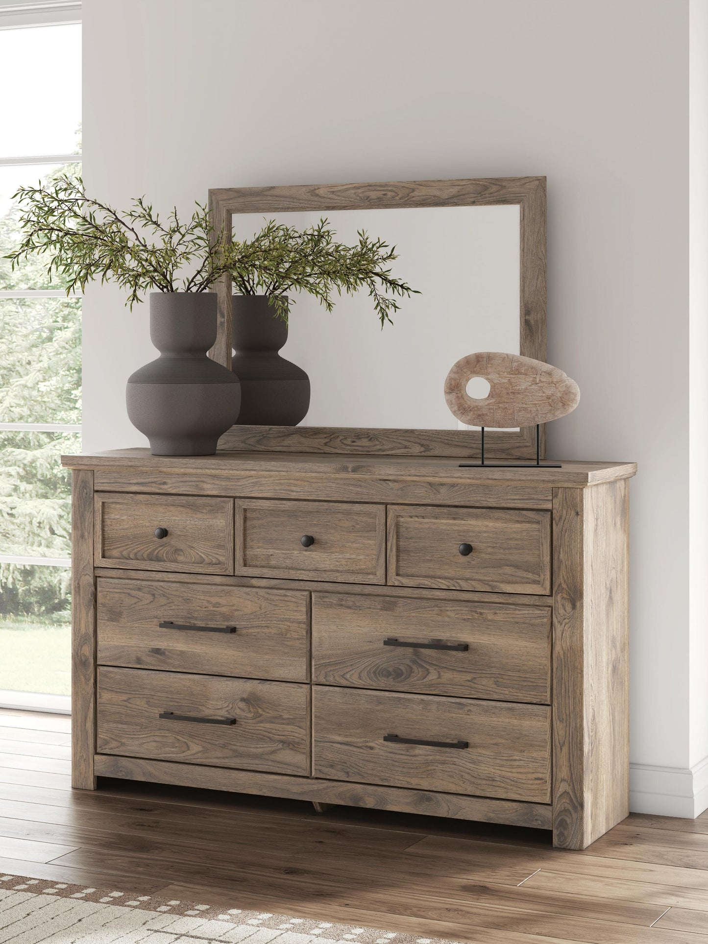 Rusticott Queen Poster Bed with Mirrored Dresser and Nightstand