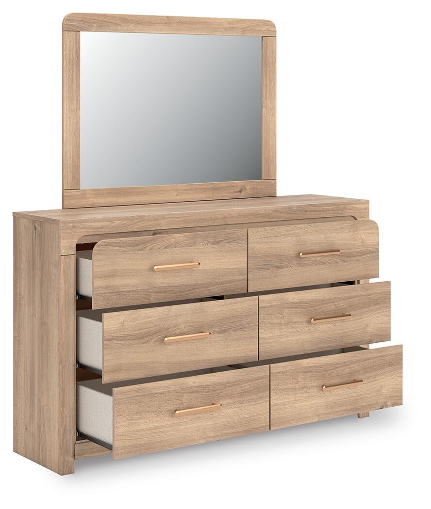 Kinlanni King Upholstered Panel Bed, Dresser, Mirror and Nightstand
