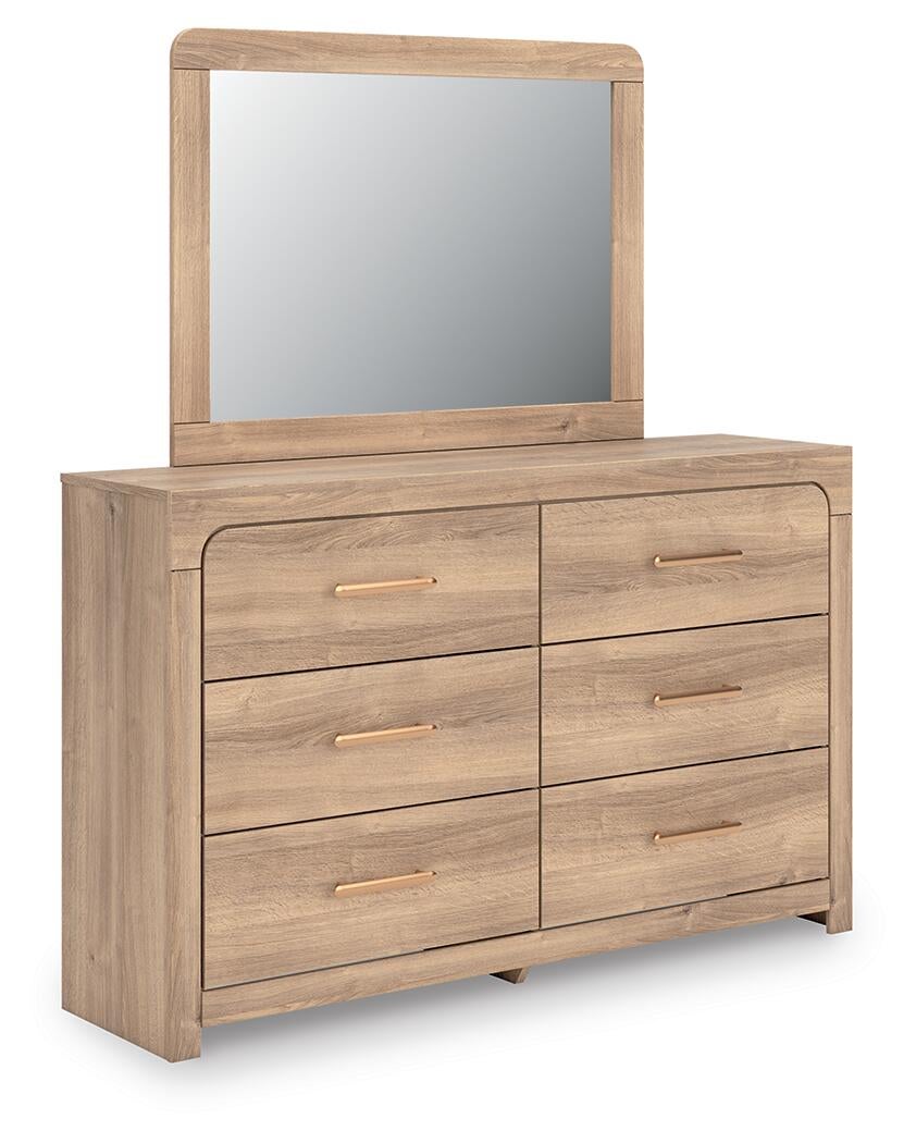 Kinlanni Queen Upholstered Panel Bed, Dresser and Mirror